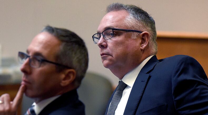 FILE - Stephen Murphy, right, and his attorney Charles Keefe watch as the judge gives the jury instructions following closing remarks during his trial at Hillsborough County Superior Court, Jan. 21, 2025 in Manchester, N.H. (David Lane/The Manchester Union Leader via AP, Pool, File)