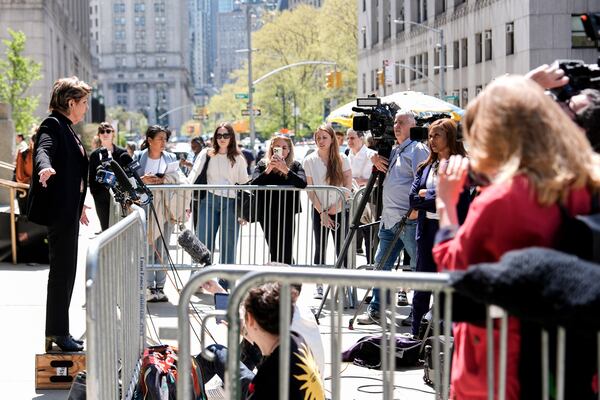 Attorney Gloria Allred speaks to reporters outside Manhattan criminal court during a break in Harvey Weinstein's retrial, Wednesday, April 23, 2025, in New York. (AP Photo/Julia Demaree Nikhinson)