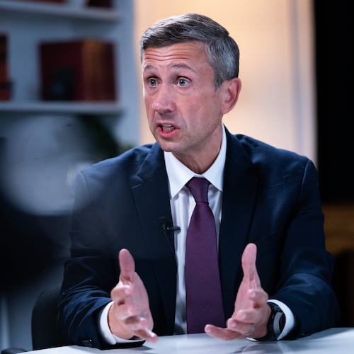 FILE - Democratic National Committee chair Ken Martin speaks during an interview with The Associated Press at DNC headquarters, Jan. 12, 2026, in Washington. (AP Photo/Allison Robbert, File)