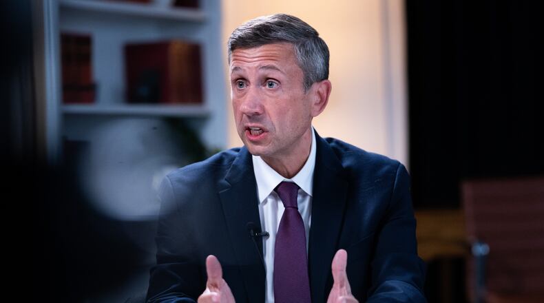 FILE - Democratic National Committee chair Ken Martin speaks during an interview with The Associated Press at DNC headquarters, Jan. 12, 2026, in Washington. (AP Photo/Allison Robbert, File)