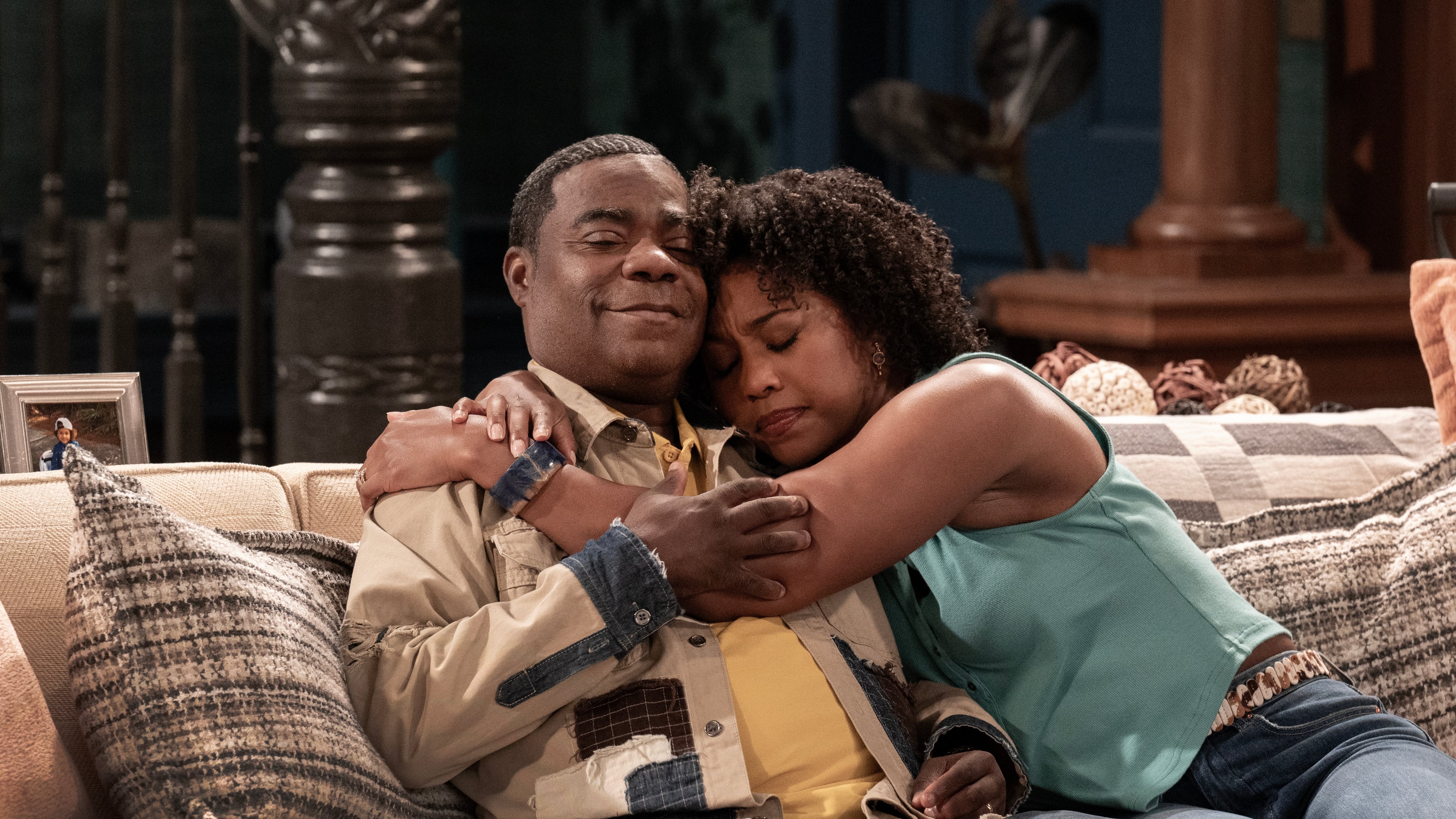 Tracy Morgan (left) stars as Frank "Crutch" Crutchfield and Adrianna Mitchell co-stars as his daughter, Jamilah, in "Crutch," which is streaming on Paramount+. Mitchell grew up around metro Atlanta and graduated from Spelman College before moving to New York City to pursue her acting career. (Courtesy of JoJo Whilden/Paramount+)