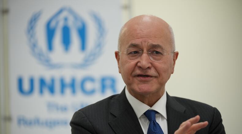 UNCHR High Commissioner Barham Salih talks during an interview with the Associated Press, in Rome, Monday, Jan. 26, 2026. (AP Photo/Andrew Medichini)
