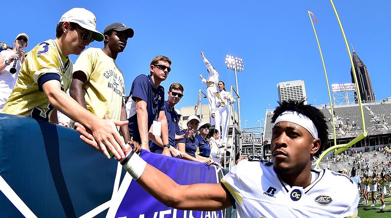 ATLANTA, GA - SEPTEMBER 9: TaQuon Marshall #16 of the Georgia Tech Yellow Jackets celebrates with fans during the game against Jacksonville State Gamecocks on September 9, 2017 in Atlanta, Georgia. Photo by Scott Cunningham/Getty Images)