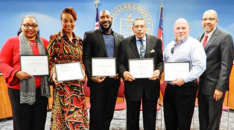 Douglas County Board of Education members were honored for their service as part of School Board Appreciation Week in March. Pictured left to right are Tracy Rookard, Chair; Michelle Simmons, Vice Chair; Devetrion Caldwell; D.T. Jackson; Jeff Morris; and Superintendent Trent North.