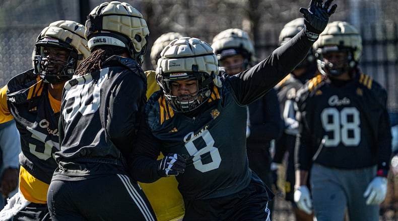 Newcomer Roderick Daniels (8) works on his pass rushing technique during Kennesaw State's first day of spring football practice, March 3, 2025. (Photo - KSU Athletics)