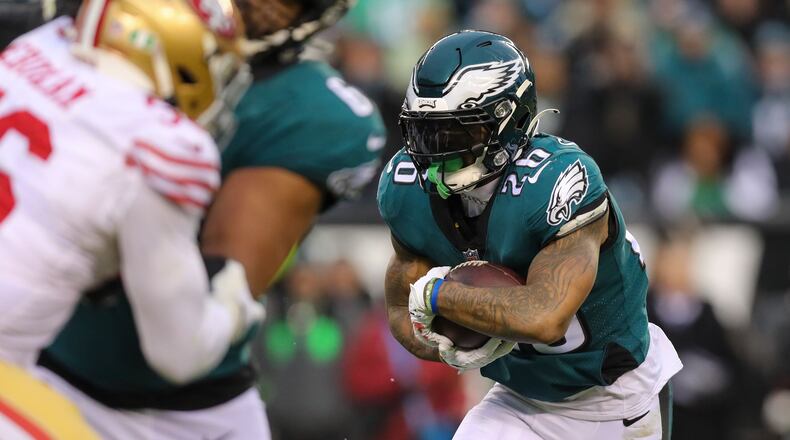 Philadelphia Eagles running back Miles Sanders scores his second touchdown during the first half of the NFC Championship game against the San Francisco 49ers at Lincoln Financial Field on Sunday, Jan. 29, 2023, in Philadelphia. (Monica Herndon/The Philadelphia Inquirer/TNS)