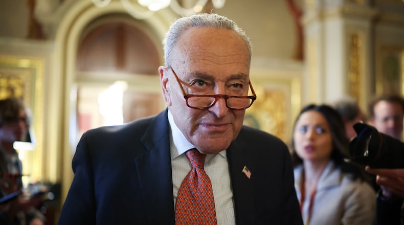 Senate Minority Leader Chuck Schumer, D-N.Y., leaves the Democratic caucus lunch at the U.S. Capitol on March 13, 2025, in Washington, D.C. (Kayla Bartkowski/Getty Images/TNS)
