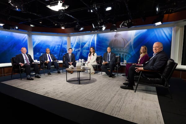 From left, New Jersey Rep. Josh Gottheimer; Newark Mayor Ras Baraka; Jersey City Mayor Steve Fulop; moderator NJ Spotlight News anchor Briana Vannozzi; moderator WNYC Morning Edition host Michael Hill; New Jersey Rep. Mikie Sherrill; and former state Senate President Steve Sweeney attend a conversation with fellow Democratic candidates running to be New Jersey governor, Monday, May 12, 2025, in Newark, N.J. (Steve Hockstein/NJ Advance Media via AP, Pool)