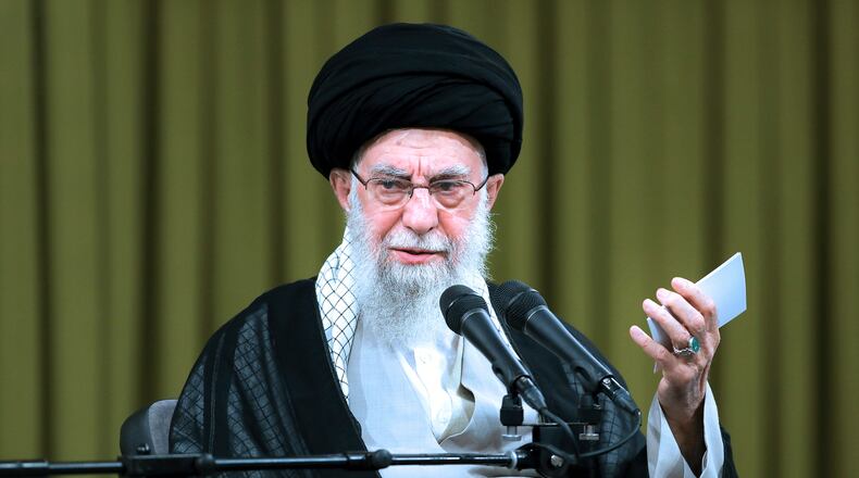 FILE - In this photo released by an official website of the office of the Iranian supreme leader, Supreme Leader Ayatollah Ali Khamenei speaks in a ceremony to mark the Shiite holiday of Eid al-Ghadir, in Tehran, Iran, Tuesday, June 25, 2024. (Office of the Iranian Supreme Leader via AP, File)