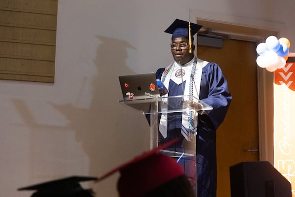 Graduate Sah’Quarion “Que” Howard gives a speech during Breakthrough Atlanta’s Scholar Send Off graduation ceremony at The Lovett School in Atlanta on Wednesday, June 25, 2025. (Abbey Cutrer / AJC)