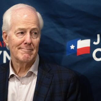 Sen. John Cornyn, R-Texas, listens to State Sen. Charles Perry, R-Lubbock, during a campaign event in Lubbock, Texas, Tuesday, May 19, 2026. (AP Photo/Annie Rice)