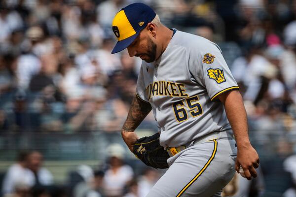 Milwaukee Brewers' Nestor Cortes gathers himself on the mound during the first inning of the baseball game against the New York Yankees, Saturday, March 29, 2025, in New York. (AP Photo/Angelina Katsanis)