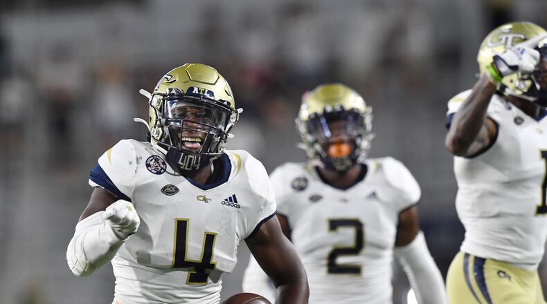 Georgia Tech linebacker Quez Jackson (4) celebrates after recovering a fumble during the second half of an NCAA college football game at Georgia Tech's Bobby Dodd Stadium in Atlanta on Saturday, September 4, 2021. (Hyosub Shin / Hyosub.Shin@ajc.com)