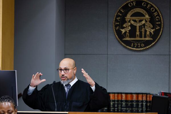 Fulton County Superior Court Judge Eric Dunaway presides over a hearing for Deion Duwane Patterson on Thursday, April 16, 2026. Dunaway scheduled Patterson to stand trial June 1. (Miguel Martinez/AJC)