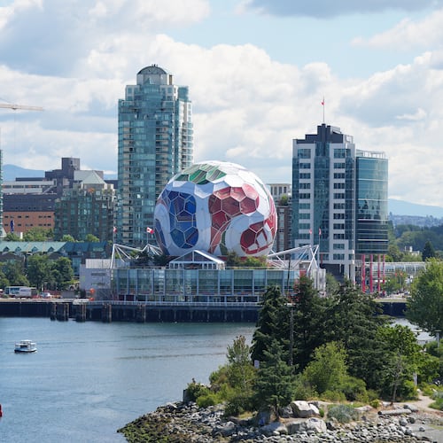 Science World, which has been transformed into a World Cup Trionda soccer ball is seen near BC Place Stadium in Vancouver, British Columbia, Thursday, June 11, 2026, ahead of the World Cup soccer tournament. (AP Photo/Abbie Parr)
