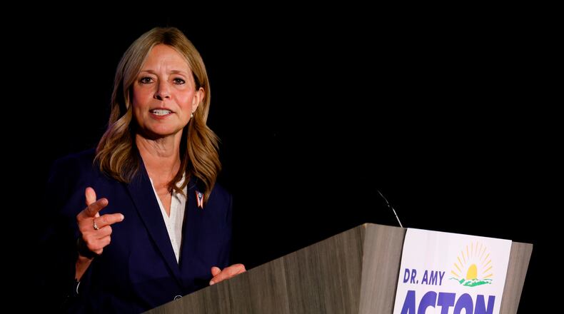FILE - Democratic gubernatorial candidate Dr. Amy Acton speaks at a primary election night campaign event after winning the party's nomination for governor on May 5, 2026, in Columbus, Ohio. (AP Photo/Jay LaPrete, File)
