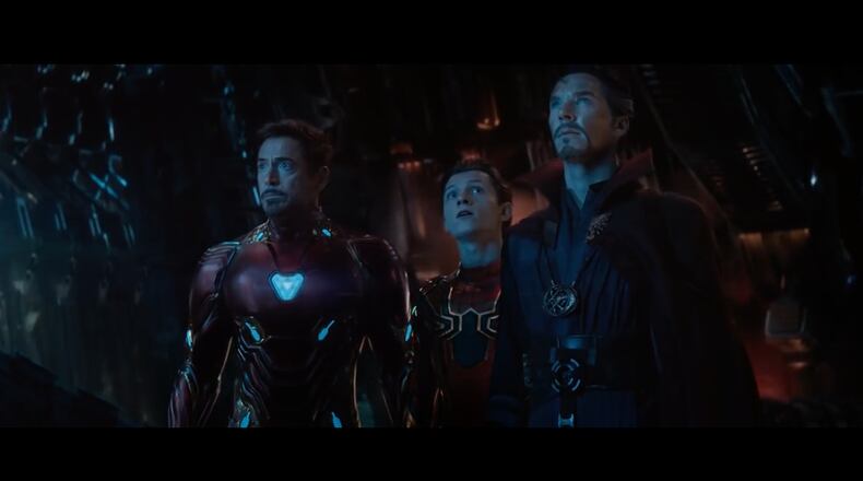 Robert Downey Jr., Tom Holland and Benedict Cumberbatch in a still from the "Avengers" trailer. Image: Marvel Studios