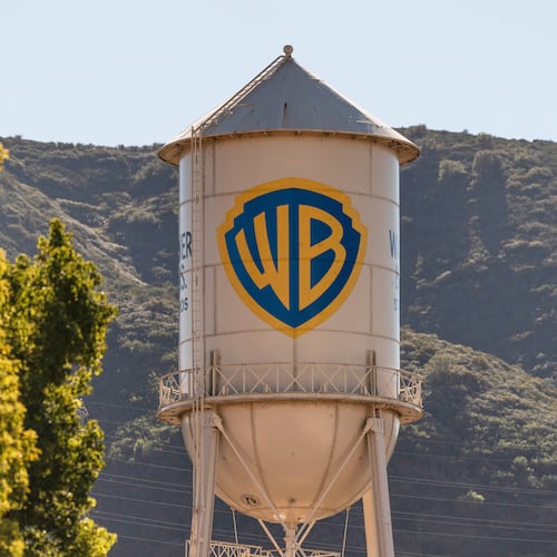 FILE - The Warner Bros. water tower appears at Warner Bros. Studios in Burbank, Calif., on Dec. 5, 2025. (AP Photo/Jae C. Hong, File)