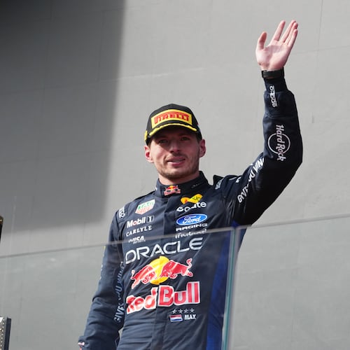 Second placed Red Bull driver Max Verstappen of the Netherlands waves after the Formula One Hungarian Grand Prix auto race, at the Hungaroring racetrack in Mogyorod, near Budapest, Hungary, Sunday, July 26, 2026. (AP Photo/Darko Vojinovic)