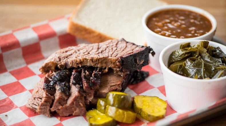 King Barbecue Sliced Brisket Meat Plate with collard greens, beans, and pickles. Photo credit- Mia Yakel. Photo: Mia Yakel