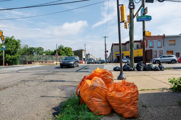 Trash sits on sidewalk at N. 6th and Allegheny Avenue on Tuesday, July 1, 2025 in Philadelphia, Pa. (Alejandro A Alvarez/The Philadelphia Inquirer via AP)