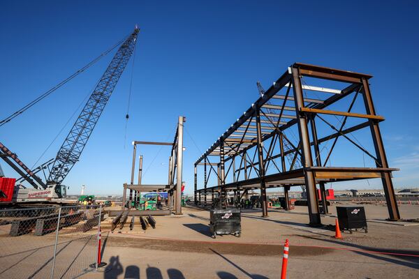 The first few modulars are shown under construction to widen Hartsfield-Jackson Concourse D at the Modular Yard near the Hartsfield-Jackson International Airport, Thursday, December 14, 2023, in Atlanta. During the $1.3 billion project, starting next April each modular component will be transported and connected onto Concourse D, enabling most gates to remain active throughout. (Jason Getz / Jason.Getz@ajc.com)
