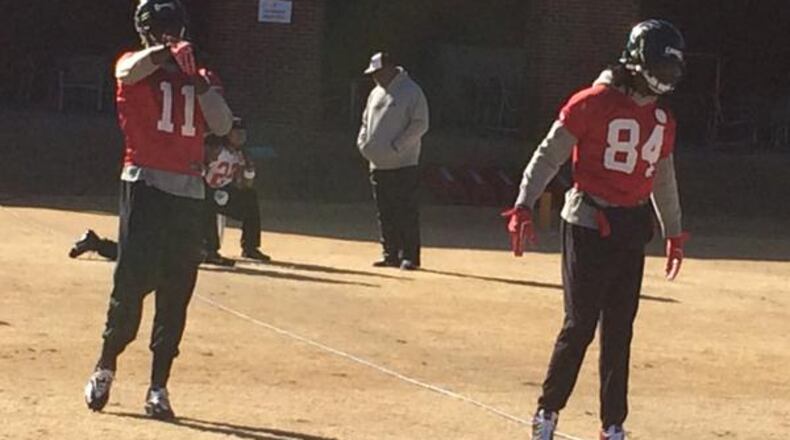 We'll have some more stretching pictures later today. Here's Julio Jones back at practice last year along with Roddy White. (D. Orlando Ledbetter/Dledbetter@ajc.com)