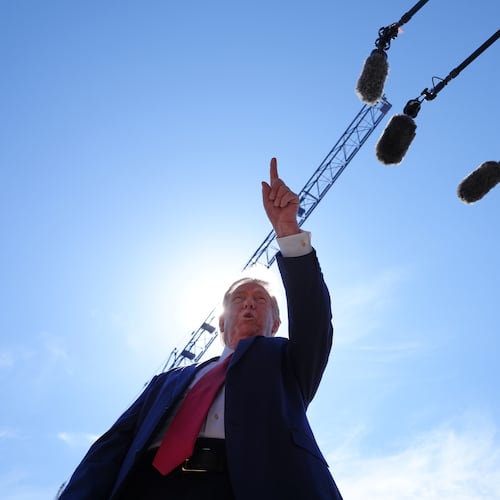 President Donald Trump speaks as he tours Ballroom construction around the outside the White House, Tuesday, May 19, 2026, in Washington. (AP Photo/Jacquelyn Martin)