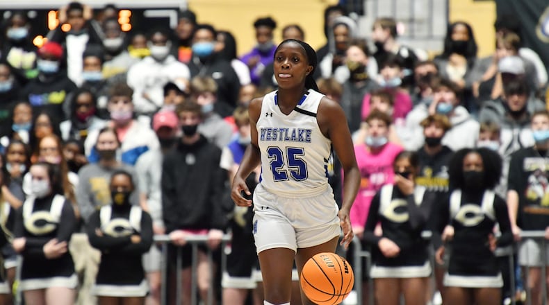 Westlake's Raven Johnson (25) brings the ball upcourt during the Class 6A girls basketball championship game Friday, March 12, 2021, against Carrollton at the Macon Centreplex in Macon.