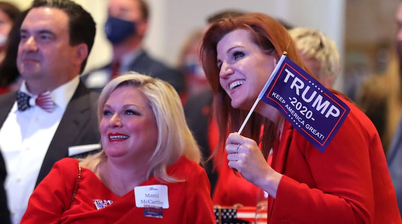 110320 Atlanta: Kirsten Davies, right, and Marci McCarthy react while watching returns for Georgia coming in at the Georgia Republican Party Election Night Celebration in the Intercontinental Buckhead Atlanta hotel on Tuesday, Nov 3, 2020 in Atlanta. “Curtis Compton / Curtis.Compton@ajc.com”