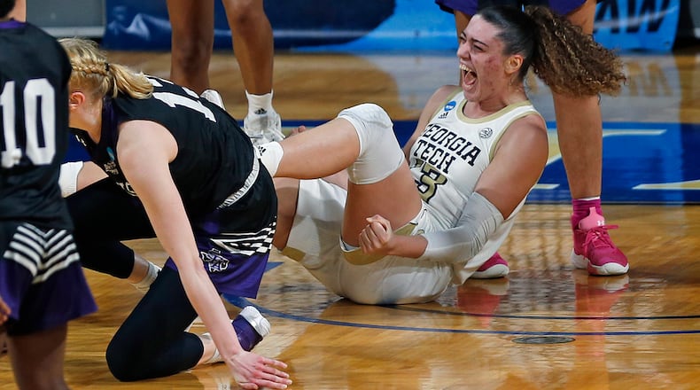 Georgia Tech forward Lorela Cubaj (13) reacts after getting a charge call against Stephen F. Austin during the second half of their first-round game of the women's NCAA Tournament Sunday, March 21, 2021, at the Greehey Arena in San Antonio, Texas. (Ronald Cortes/AP)