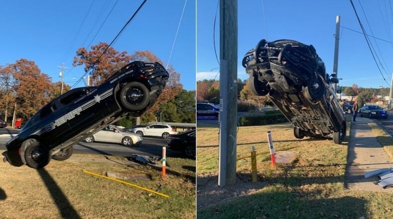 A Gwinnett County Sheriff's Office deputy's cruiser got tangled up in a guy-wire Monday afternoon following a wreck in Lawrenceville.