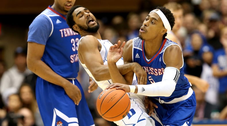 DURHAM, NC - DECEMBER 19:  Wayne Martin #33 watches as teammate Tahjere McCall #5 of the Tennessee State Tigers runs into Matt Jones #13 of the Duke Blue Devils during their game at Cameron Indoor Stadium on December 19, 2016 in Durham, North Carolina.  (Photo by Streeter Lecka/Getty Images)