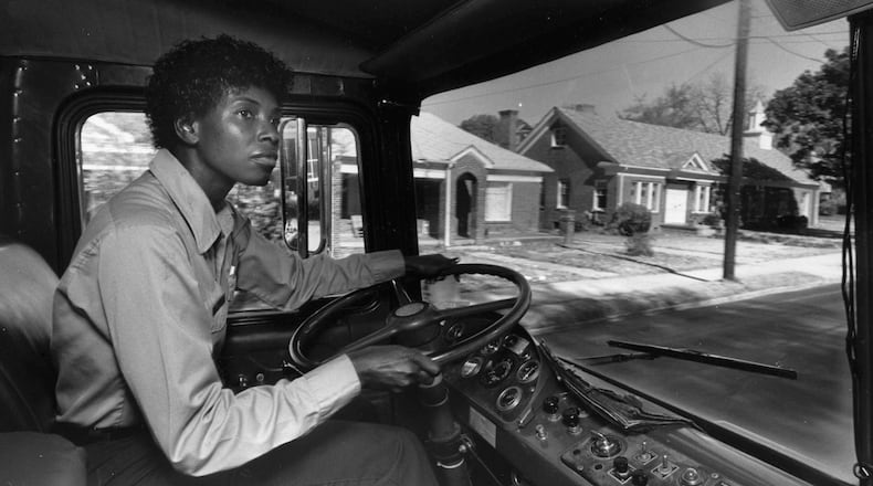 November 13, 1987 Atlanta: Atlanta Fire department’s first African American woman fire apparatus operator, Emma Morris, behind the wheel in metro Atlanta, Georgia on November 13, 1987.