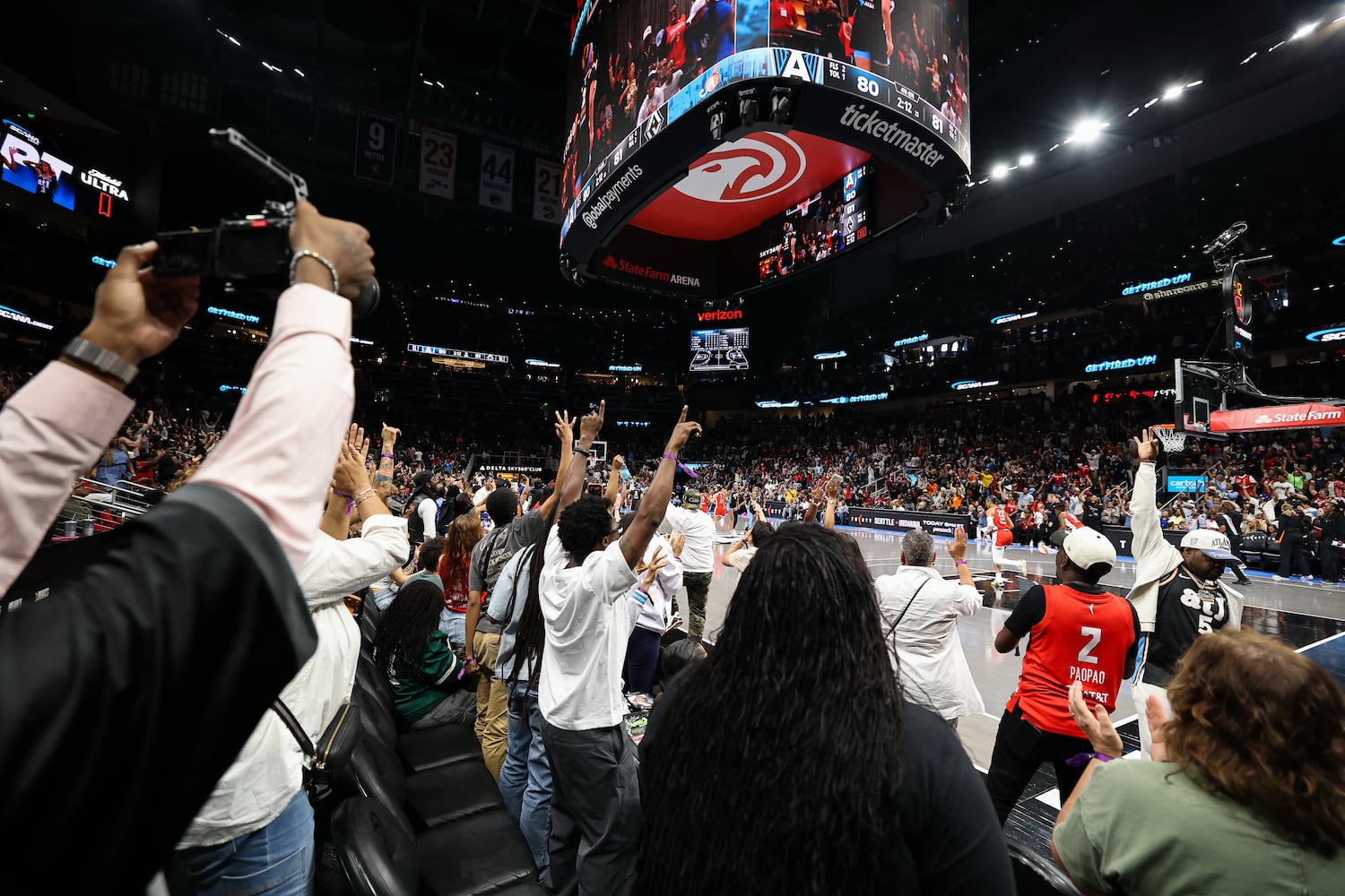 Fans react during the second half of a WNBA game between the Atlanta Dream and Las Vegas Aces at State Farm Arena on Sunday, May 17, 2026, in Atlanta. (Colin Hubbard for the AJC) 