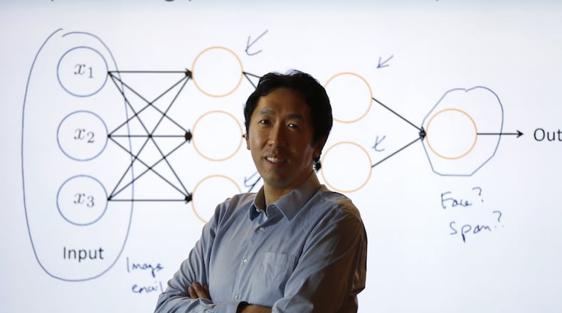Andrew Ng, former chief scientist at Baidu and an associate professor at Stanford, poses for a portrait in front of a diagram he drew on deep learning in the Baidu office in Sunnyvale in March 2016. (Nhat V. Meyer/Bay Area News Group/TNS)