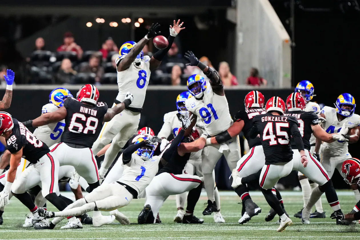 Los Angeles Rams linebacker Jared Verse blocks a field goal attempt by Atlanta Falcons place kicker Zane Gonzalez that he returned for a touchdown in the second half of an NFL football game, Monday, Dec. 29, 2025, in Atlanta. (Brynn Anderson/AP)