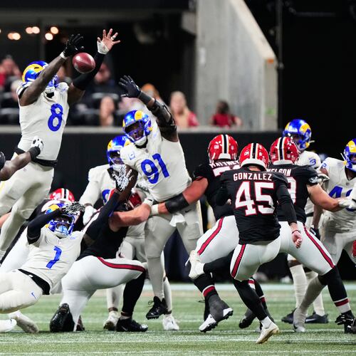 Los Angeles Rams linebacker Jared Verse blocks a field goal attempt by Atlanta Falcons place kicker Zane Gonzalez that he returned for a touchdown in the second half of an NFL football game, Monday, Dec. 29, 2025, in Atlanta. (Brynn Anderson/AP)