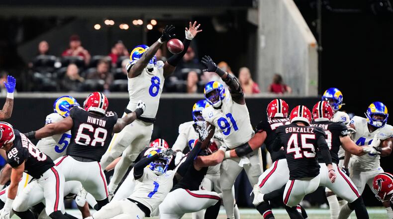 Los Angeles Rams linebacker Jared Verse blocks a field goal attempt by Atlanta Falcons place kicker Zane Gonzalez that he returned for a touchdown in the second half of an NFL football game, Monday, Dec. 29, 2025, in Atlanta. (Brynn Anderson/AP)