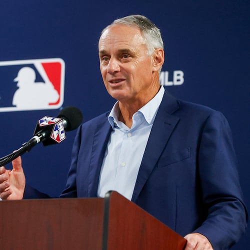 MLB Commissioner Rob Manfred speaks with members of the media at George M. Steinbrenner Field in Tampa, Fla. Manfred pulled the All-Star Game out of Georgia in 2021 in response to the state’s voting law. (Ivy Ceballo/Tampa Bay Times/TNS 2024)