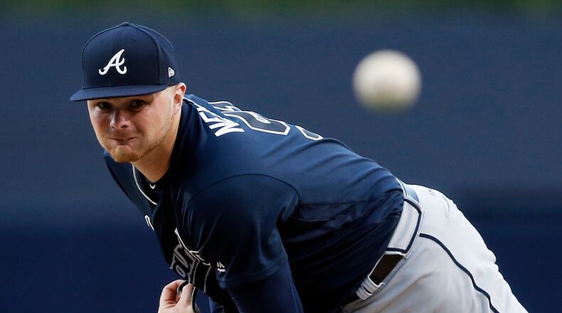 Braves rookie Sean Newcomb has experienced highs and lows already in his first seven major league starts, and he’ll try to get back to what he was doing so well early when he faces the Dodgers on Sunday. (AP Photo/Alex Gallardo)
