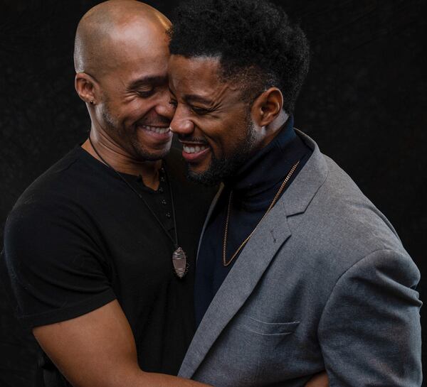 Bjorn Dupaty (left) and Calvin Thompson co-star in “The Hot Wing King” at the Alliance.
Courtesy of Alliance Theatre/Greg Mooney