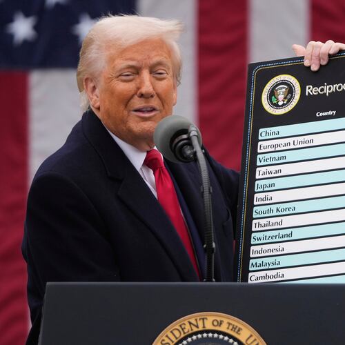 FILE - President Donald Trump speaks during an event to announce new tariffs in the Rose Garden at the White House, April 2, 2025, in Washington. (AP Photo/Mark Schiefelbein, File)