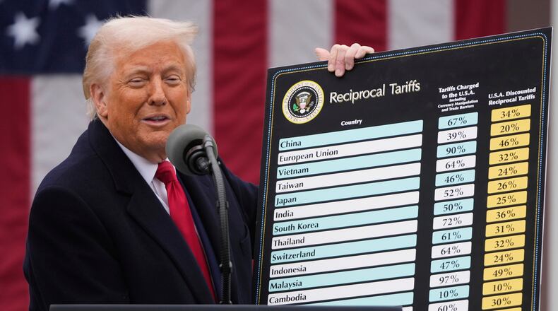 FILE - President Donald Trump speaks during an event to announce new tariffs in the Rose Garden at the White House, April 2, 2025, in Washington. (AP Photo/Mark Schiefelbein, File)