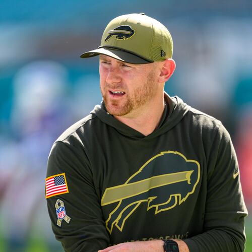 FILE - Buffalo Bills offensive coordinator Joe Brady stands on the field before an NFL football game against the Miami Dolphins, Nov. 9, 2025, in Miami Gardens, Fla. (AP Photo/Doug Murray, File)
