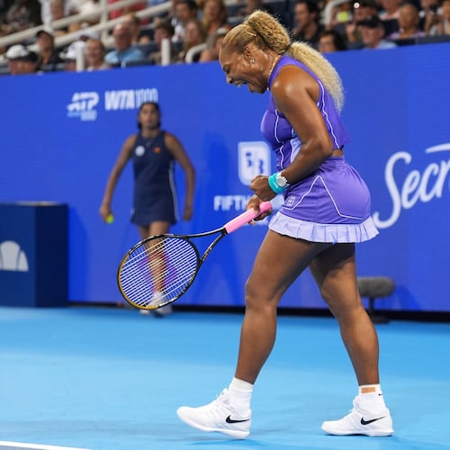 Serena Williams, of the United States, reacts to a winning point during a women's doubles match against Marta Kostyuk, of Ukraine, and Peyton Stearns, of the United States, at the Cincinnati Open tennis tournament, Monday, Aug. 17, 2026, in Mason, Ohio. (AP Photo/Kareem Elgazzar)