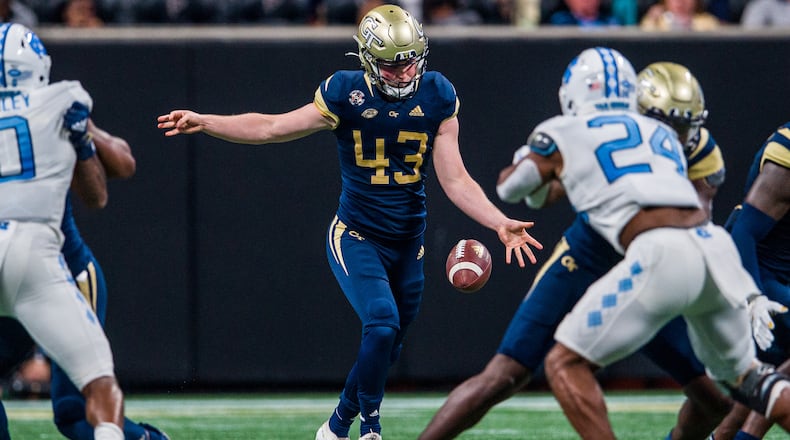 Georgia Tech punter David Shanahan against North Carolina on September 25, 2021 at Mercedes-Benz Stadium. (Danny Karnik/Georgia Tech Athletics)