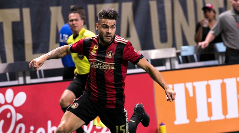 Atlanta United forward Hector Villalba (15) pushes the ball up field during the first half of a MLS soccer game against Montreal Impact at Mercedes-Benz Stadium, Sunday, Sept. 24, 2017, in Atlanta. BRANDEN CAMP/SPECIAL