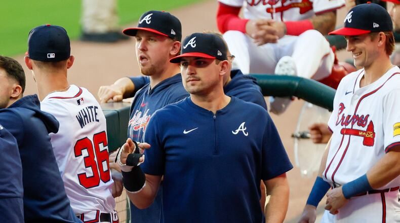 Atlanta Braves third baseman Austin Riley is seen with his cast on the right hand moments before the game between the Braves and Colorado Rockies at Truist Park on Tuesday, Sept. 3, 2024, in Atlanta. (Miguel Martinez/ AJC)
