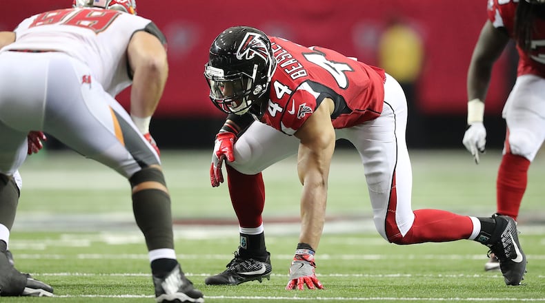 September 11, 2016 ATLANTA: Falcons Vic Beasley Jr., who did not have a stat on the sheet from the game, lines up to rush in the second half against the Buccaneers in an NFL football game on Sunday, Sept. 11, 2016, in Atlanta. Curtis Compton /ccompton@ajc.com